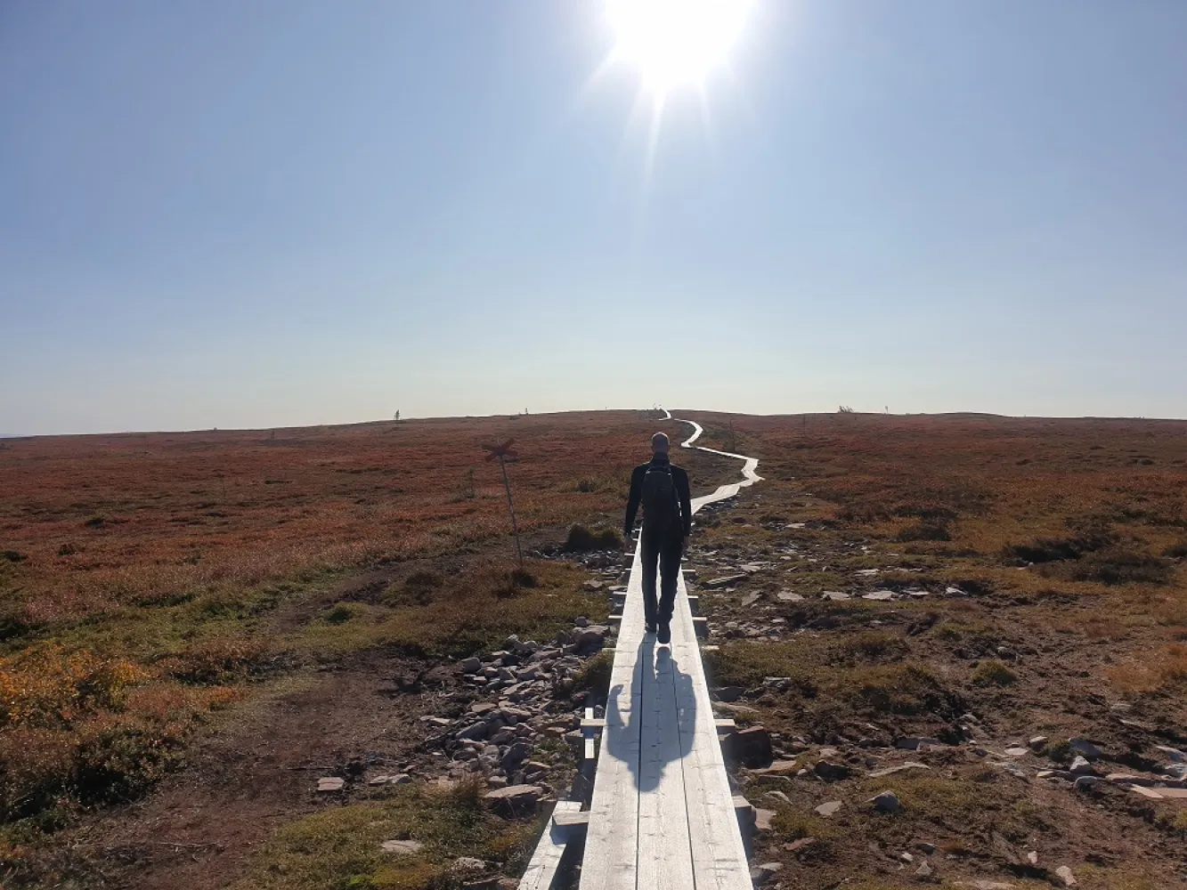 Een man loopt over een vlonder in een berglandschap.