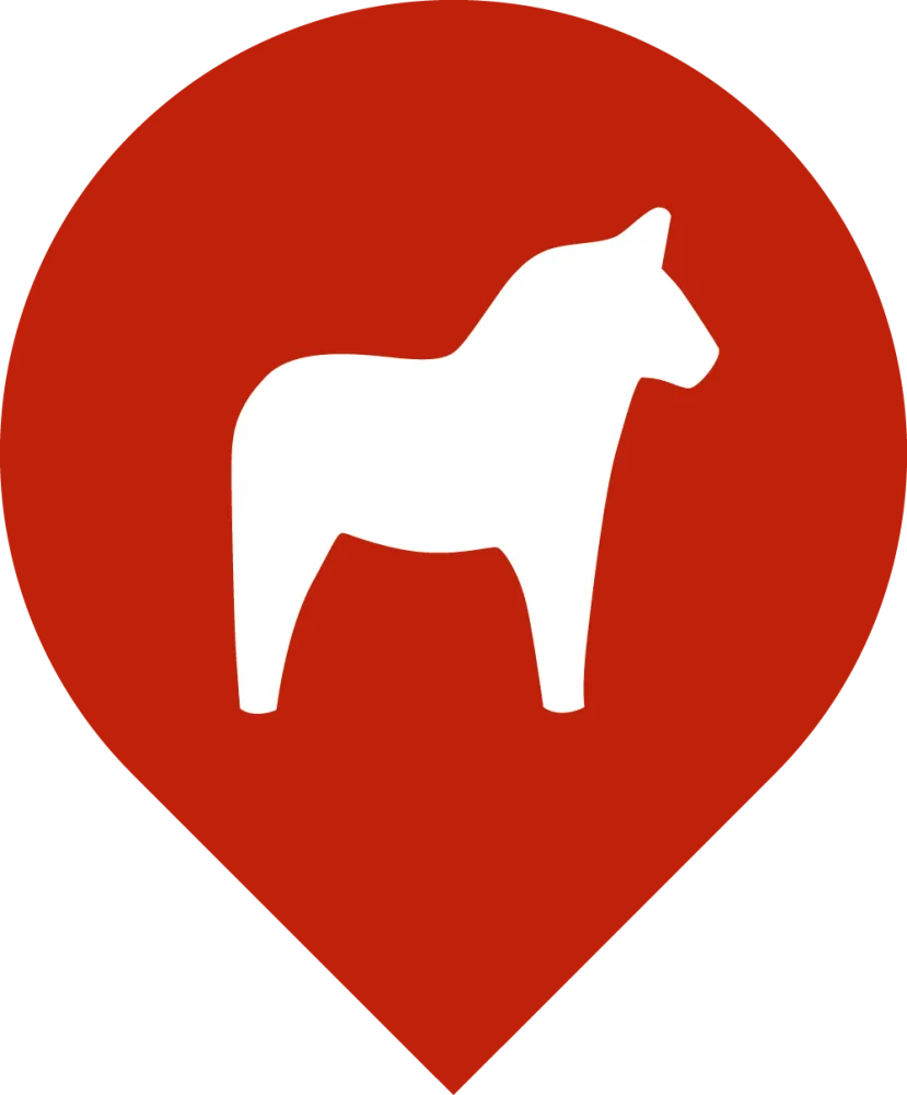 Visit Dalarna logo with a Dalahorse in a poi.