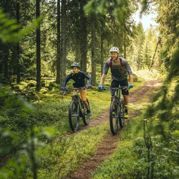 Een man en jongen mountainbiken over een karrespoor.